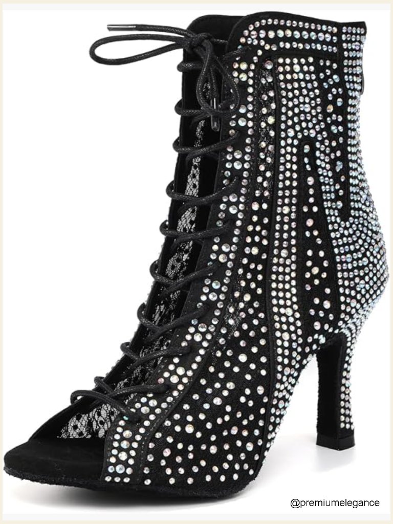 Rhinestone Open Toe Dance Boots, 3.33" Heel, Suede Sole, Satin & Mesh, Zipper
